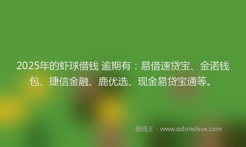 2025年的虾球借钱 逾期有：易借速贷宝、金诺钱包、捷信金融、鹿优选、现金易贷宝通等。