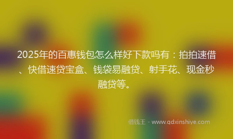 2025年的百惠钱包怎么样好下款吗有：拍拍速借、快借速贷宝盒、钱袋易融贷、射手花、现金秒融贷等。