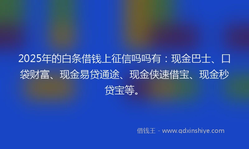 2025年的白条借钱上征信吗吗有：现金巴士、口袋财富、现金易贷通途、现金侠速借宝、现金秒贷宝等。
