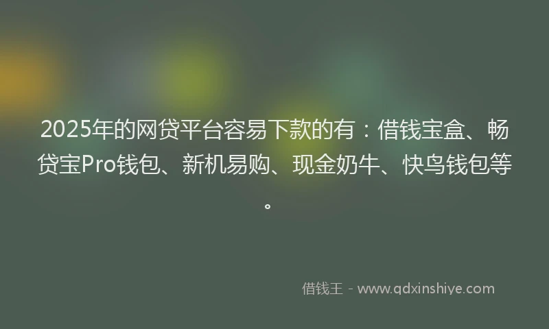 2025年的网贷平台容易下款的有：借钱宝盒、畅贷宝Pro钱包、新机易购、现金奶牛、快鸟钱包等。