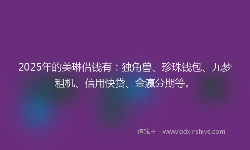2025年的美琳借钱有：独角兽、珍珠钱包、九梦租机、信用快贷、金瀛分期等。