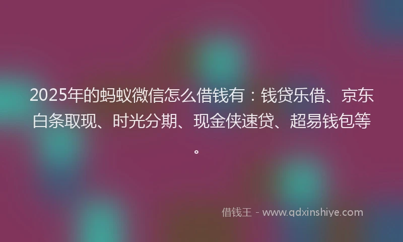 2025年的蚂蚁微信怎么借钱有：钱贷乐借、京东白条取现、时光分期、现金侠速贷、超易钱包等。