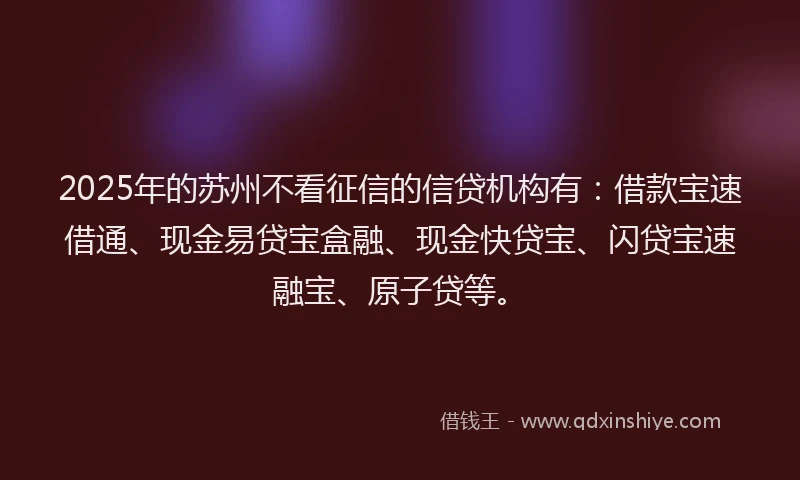 2025年的苏州不看征信的信贷机构有：借款宝速借通、现金易贷宝盒融、现金快贷宝、闪贷宝速融宝、原子贷等。