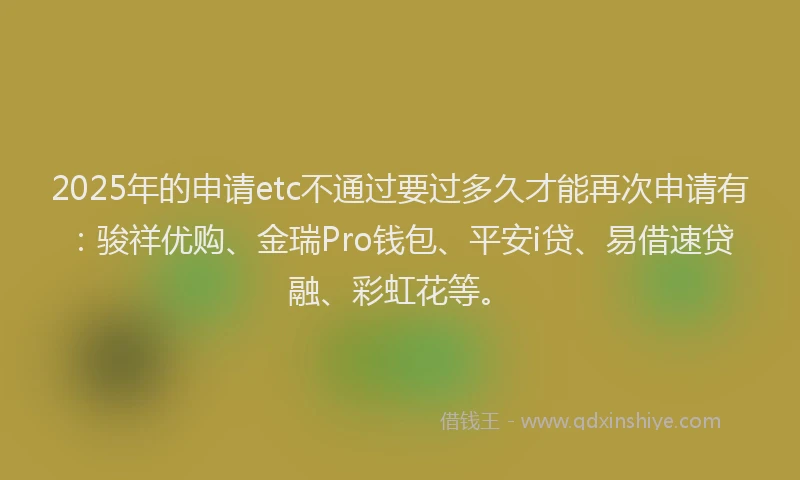 2025年的申请etc不通过要过多久才能再次申请有：骏祥优购、金瑞Pro钱包、平安i贷、易借速贷融、彩虹花等。