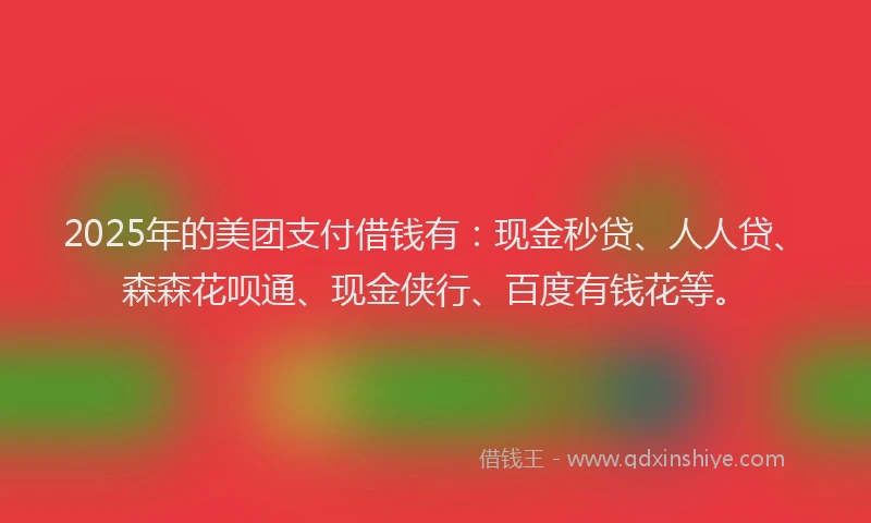2025年的美团支付借钱有：现金秒贷、人人贷、森森花呗通、现金侠行、百度有钱花等。
