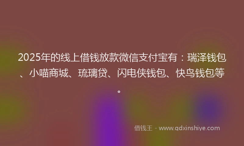 2025年的线上借钱放款微信支付宝有：瑞泽钱包、小喵商城、琉璃贷、闪电侠钱包、快鸟钱包等。