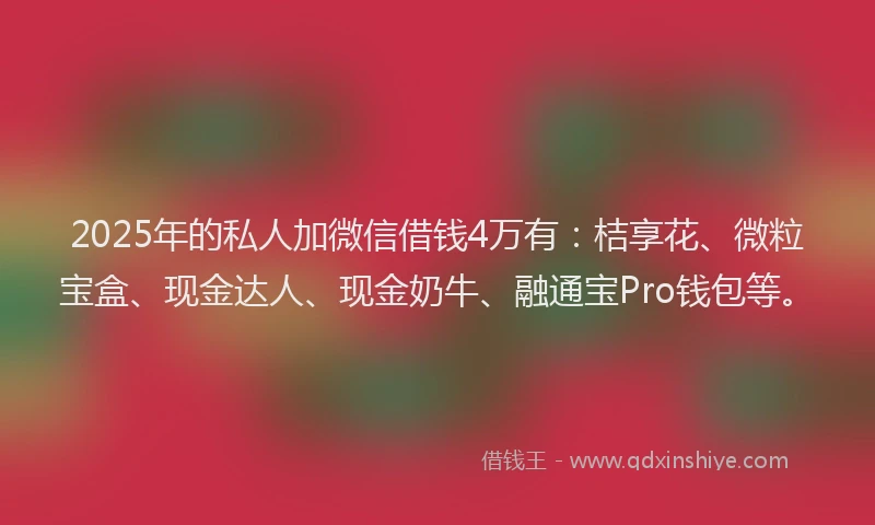 2025年的私人加微信借钱4万有：桔享花、微粒宝盒、现金达人、现金奶牛、融通宝Pro钱包等。