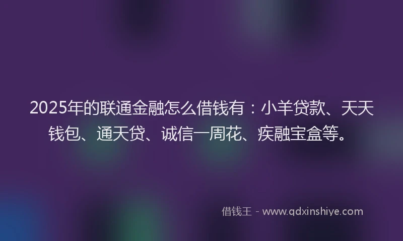 2025年的联通金融怎么借钱有：小羊贷款、天天钱包、通天贷、诚信一周花、疾融宝盒等。