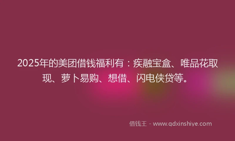 2025年的美团借钱福利有：疾融宝盒、唯品花取现、萝卜易购、想借、闪电侠贷等。