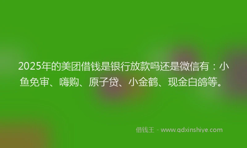 2025年的美团借钱是银行放款吗还是微信有：小鱼免审、嗨购、原子贷、小金鹤、现金白鸽等。