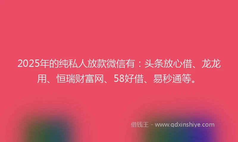 2025年的纯私人放款微信有：头条放心借、龙龙用、恒瑞财富网、58好借、易秒通等。