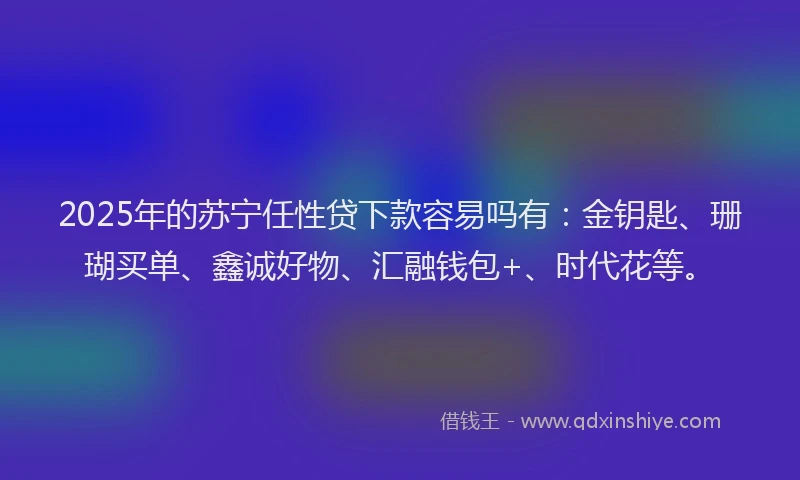 2025年的苏宁任性贷下款容易吗有：金钥匙、珊瑚买单、鑫诚好物、汇融钱包+、时代花等。