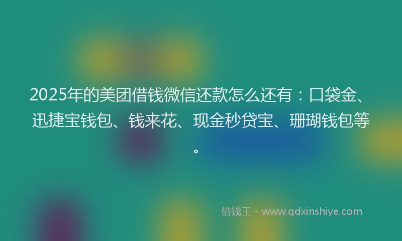 2025年的美团借钱微信还款怎么还有：口袋金、迅捷宝钱包、钱来花、现金秒贷宝、珊瑚钱包等。
