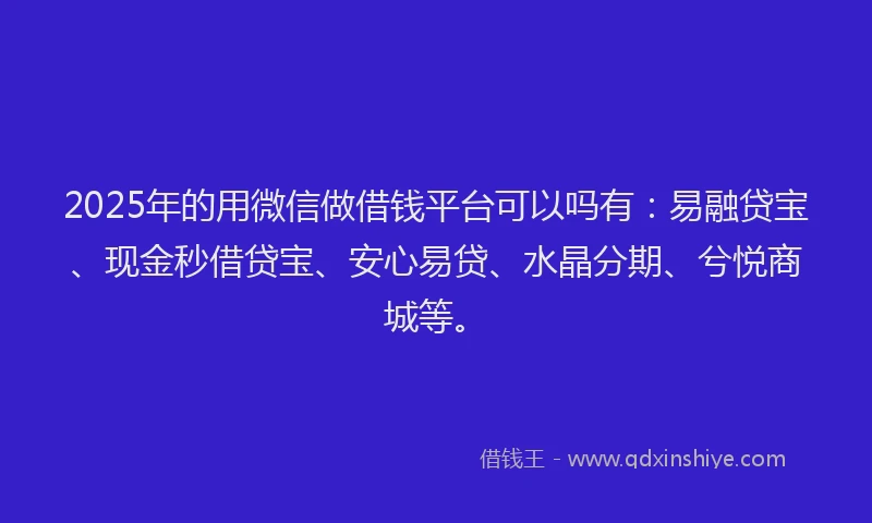2025年的用微信做借钱平台可以吗有：易融贷宝、现金秒借贷宝、安心易贷、水晶分期、兮悦商城等。