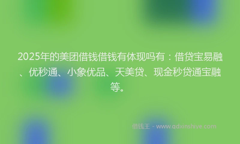 2025年的美团借钱借钱有体现吗有：借贷宝易融、优秒通、小象优品、天美贷、现金秒贷通宝融等。