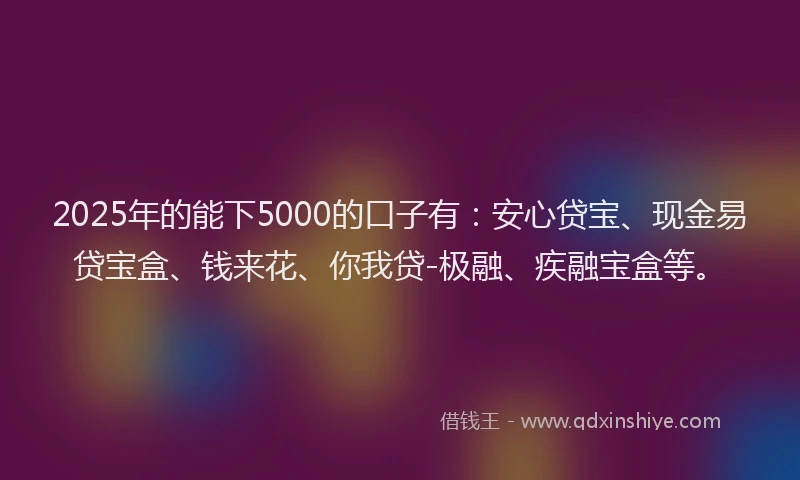 2025年的能下5000的口子有：安心贷宝、现金易贷宝盒、钱来花、你我贷-极融、疾融宝盒等。