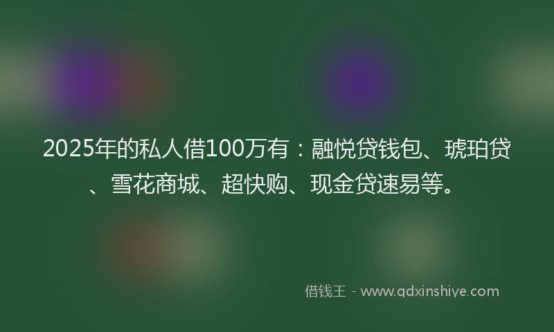 2025年的私人借100万有：融悦贷钱包、琥珀贷、雪花商城、超快购、现金贷速易等。