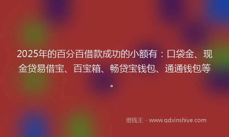 2025年的百分百借款成功的小额有：口袋金、现金贷易借宝、百宝箱、畅贷宝钱包、通通钱包等。