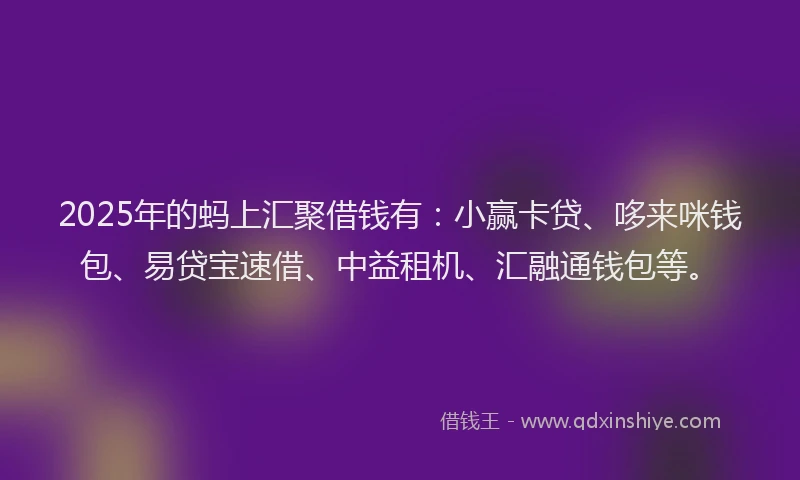 2025年的蚂上汇聚借钱有：小赢卡贷、哆来咪钱包、易贷宝速借、中益租机、汇融通钱包等。