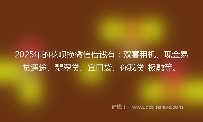 2025年的花呗换微信借钱有：双喜租机、现金易贷通途、翡翠贷、宜口袋、你我贷-极融等。