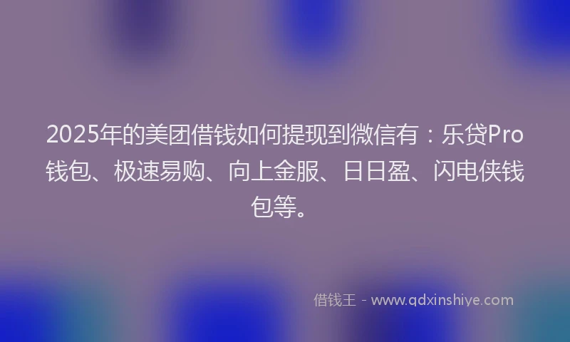 2025年的美团借钱如何提现到微信有：乐贷Pro钱包、极速易购、向上金服、日日盈、闪电侠钱包等。