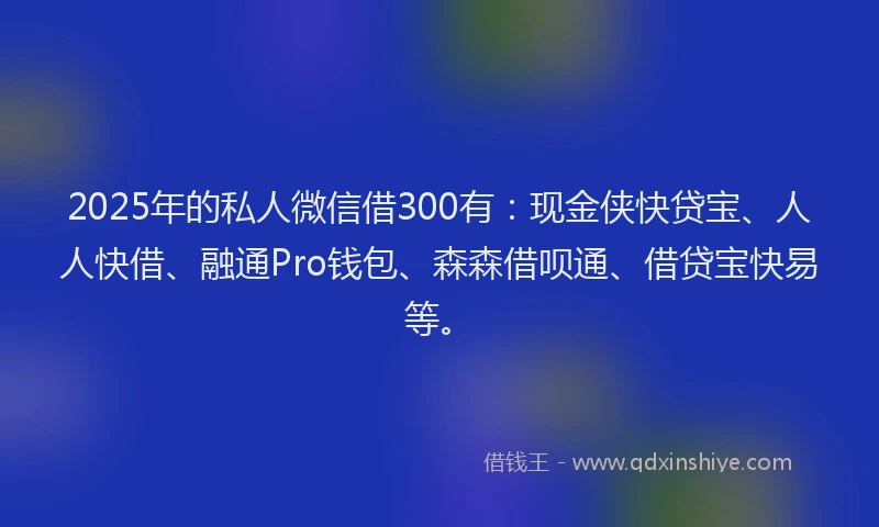 2025年的私人微信借300有：现金侠快贷宝、人人快借、融通Pro钱包、森森借呗通、借贷宝快易等。