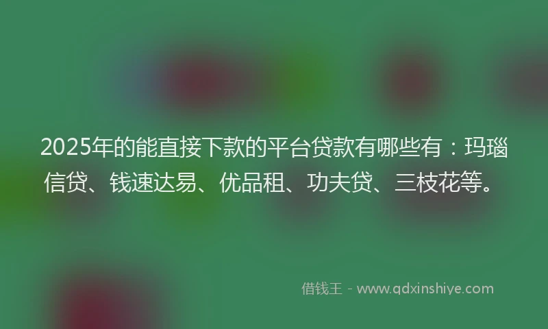 2025年的能直接下款的平台贷款有哪些有：玛瑙信贷、钱速达易、优品租、功夫贷、三枝花等。
