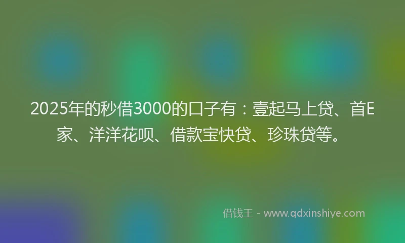 2025年的秒借3000的口子有：壹起马上贷、首E家、洋洋花呗、借款宝快贷、珍珠贷等。