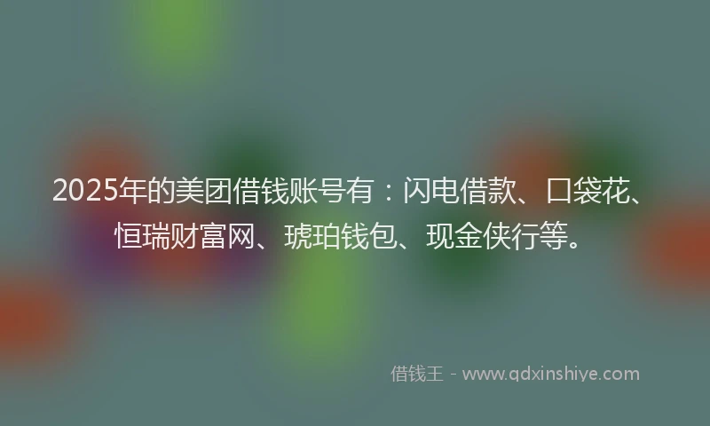 2025年的美团借钱账号有：闪电借款、口袋花、恒瑞财富网、琥珀钱包、现金侠行等。