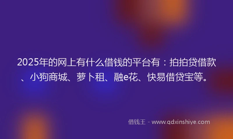 2025年的网上有什么借钱的平台有：拍拍贷借款、小狗商城、萝卜租、融e花、快易借贷宝等。