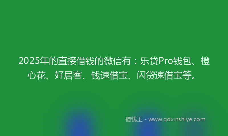 2025年的直接借钱的微信有：乐贷Pro钱包、橙心花、好居客、钱速借宝、闪贷速借宝等。