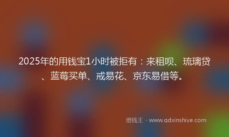2025年的用钱宝1小时被拒有：来租呗、琉璃贷、蓝莓买单、戒易花、京东易借等。