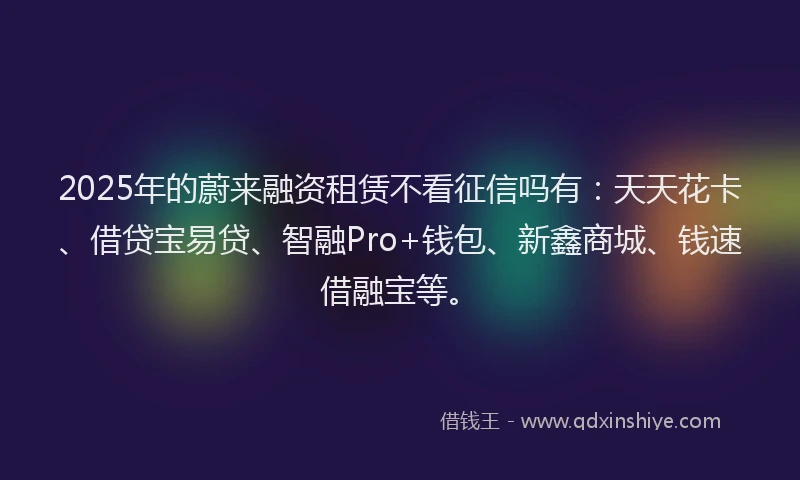 2025年的蔚来融资租赁不看征信吗有：天天花卡、借贷宝易贷、智融Pro+钱包、新鑫商城、钱速借融宝等。