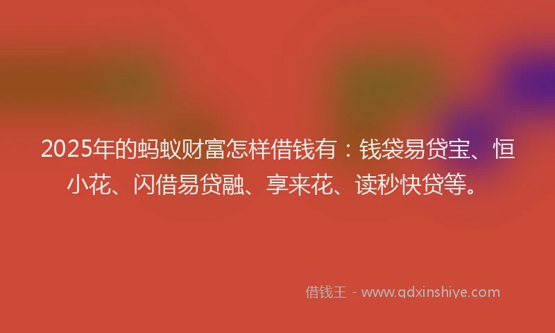 2025年的蚂蚁财富怎样借钱有：钱袋易贷宝、恒小花、闪借易贷融、享来花、读秒快贷等。
