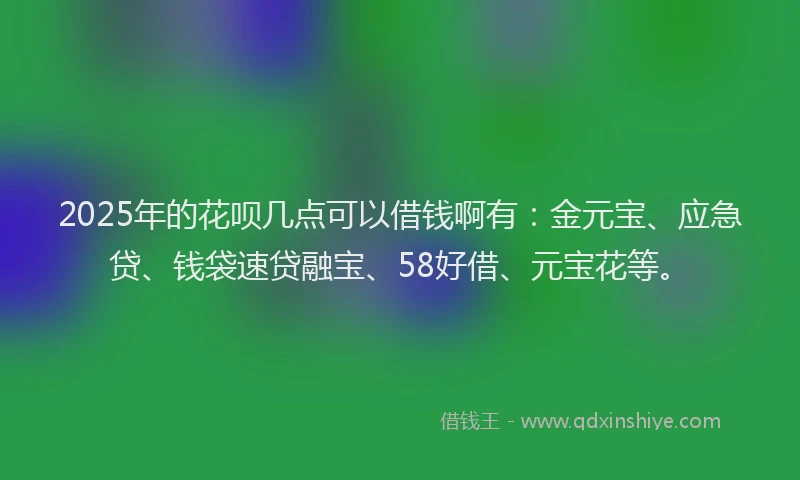 2025年的花呗几点可以借钱啊有：金元宝、应急贷、钱袋速贷融宝、58好借、元宝花等。