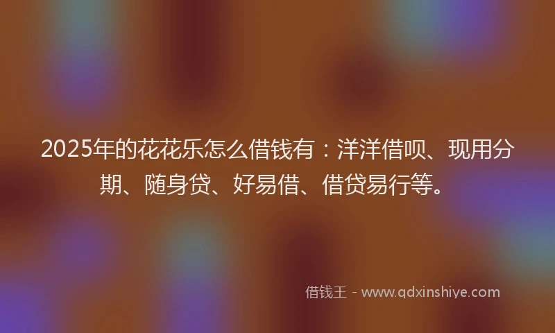 2025年的花花乐怎么借钱有：洋洋借呗、现用分期、随身贷、好易借、借贷易行等。