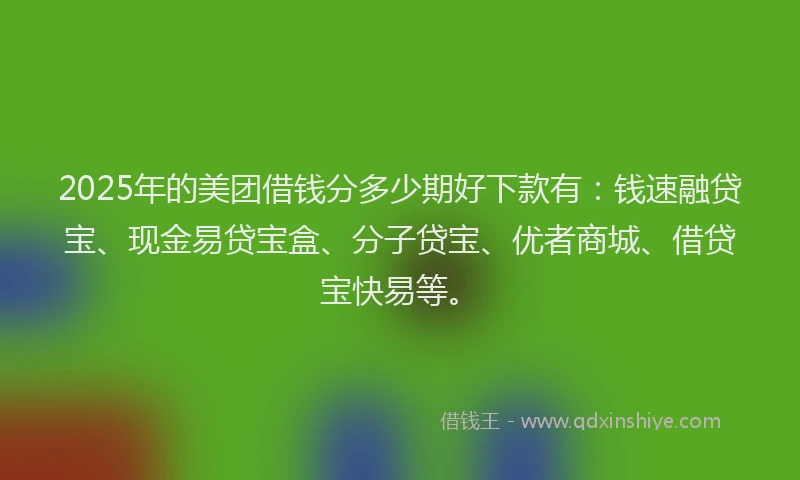 2025年的美团借钱分多少期好下款有：钱速融贷宝、现金易贷宝盒、分子贷宝、优者商城、借贷宝快易等。
