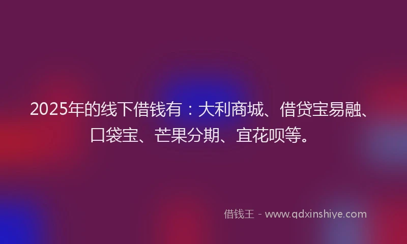 2025年的线下借钱有：大利商城、借贷宝易融、口袋宝、芒果分期、宜花呗等。