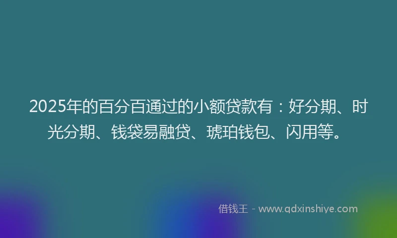 2025年的百分百通过的小额贷款有：好分期、时光分期、钱袋易融贷、琥珀钱包、闪用等。