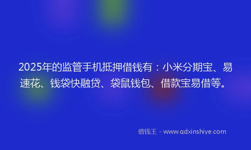 2025年的监管手机抵押借钱有：小米分期宝、易速花、钱袋快融贷、袋鼠钱包、借款宝易借等。