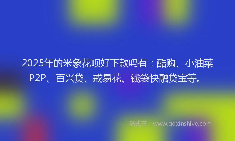 2025年的米象花呗好下款吗有：酷购、小油菜P2P、百兴贷、戒易花、钱袋快融贷宝等。