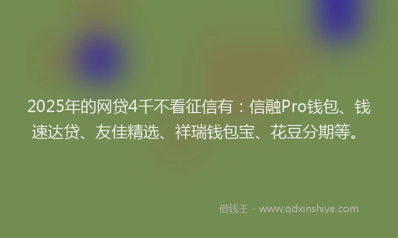 2025年的网贷4千不看征信有：信融Pro钱包、钱速达贷、友佳精选、祥瑞钱包宝、花豆分期等。