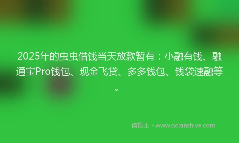 2025年的虫虫借钱当天放款暂有：小融有钱、融通宝Pro钱包、现金飞贷、多多钱包、钱袋速融等。