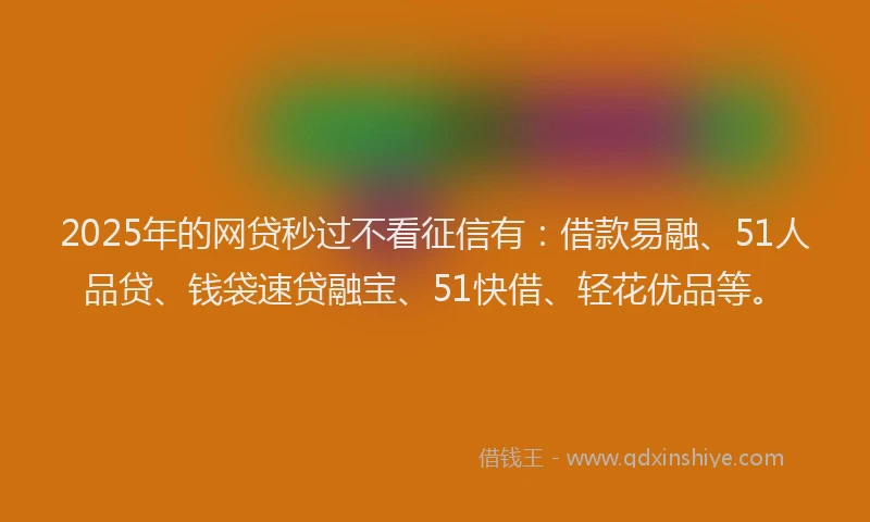 2025年的网贷秒过不看征信有：借款易融、51人品贷、钱袋速贷融宝、51快借、轻花优品等。