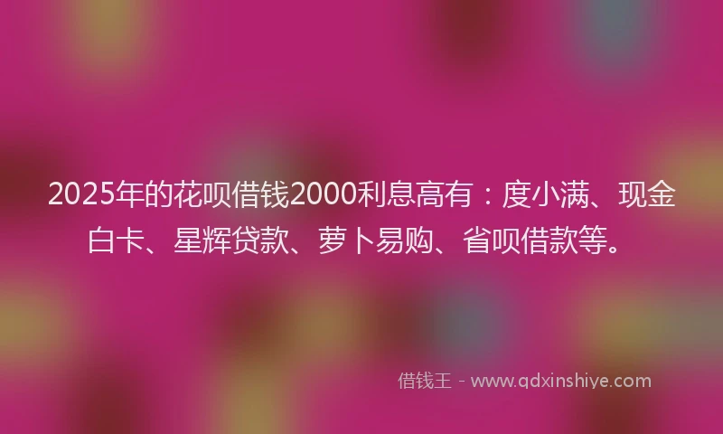 2025年的花呗借钱2000利息高有：度小满、现金白卡、星辉贷款、萝卜易购、省呗借款等。