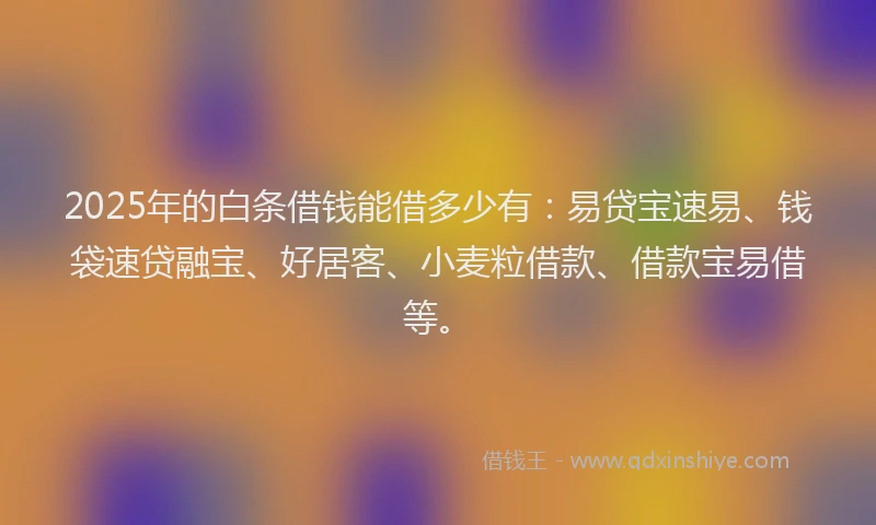 2025年的白条借钱能借多少有：易贷宝速易、钱袋速贷融宝、好居客、小麦粒借款、借款宝易借等。