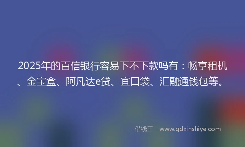 2025年的百信银行容易下不下款吗有：畅享租机、金宝盒、阿凡达e贷、宜口袋、汇融通钱包等。
