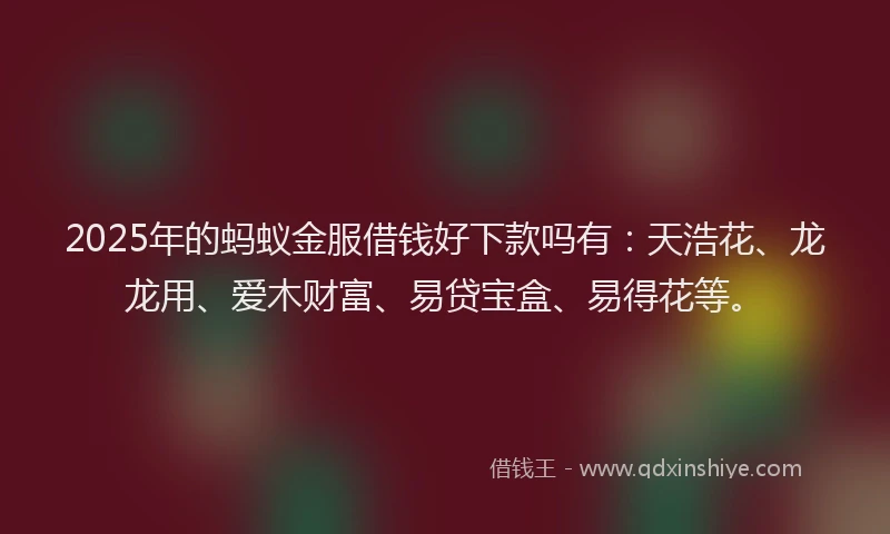 2025年的蚂蚁金服借钱好下款吗有：天浩花、龙龙用、爱木财富、易贷宝盒、易得花等。