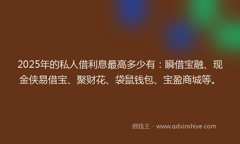 2025年的私人借利息最高多少有：瞬借宝融、现金侠易借宝、聚财花、袋鼠钱包、宝盈商城等。