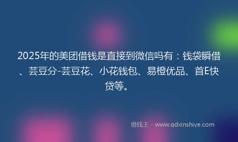 2025年的美团借钱是直接到微信吗有：钱袋瞬借、芸豆分-芸豆花、小花钱包、易橙优品、首E快贷等。